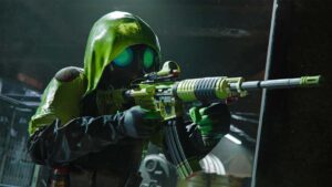 Black Ops 6 player aiming down sights of assault rifle while wearing green hoodie and gas mask