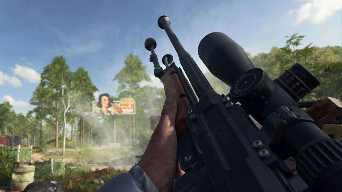 Black Ops 6 player holding the LR 7.62 sniper rifle with a billboard in the background