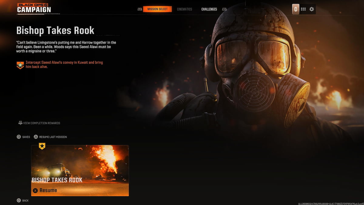 Image of the mission screen in Call of Duty Black Ops 6 for the mission Bishop Takes Rook.