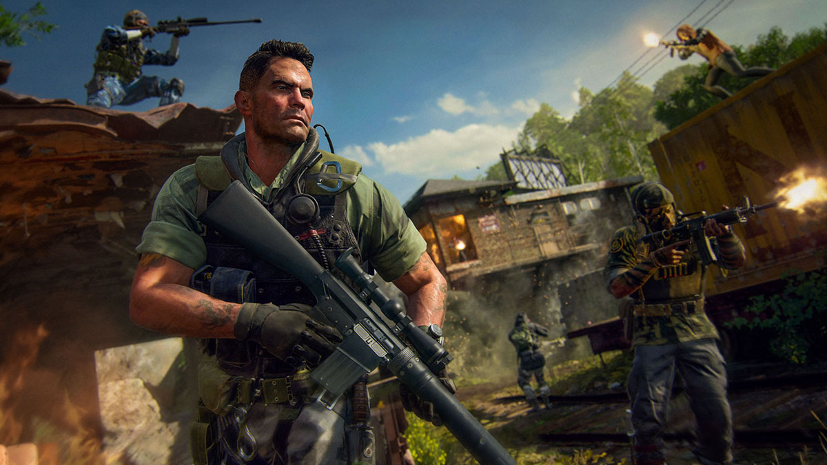 Call of Duty: Black Ops 6 player holding an assault rifle with other players firing weapons in the background