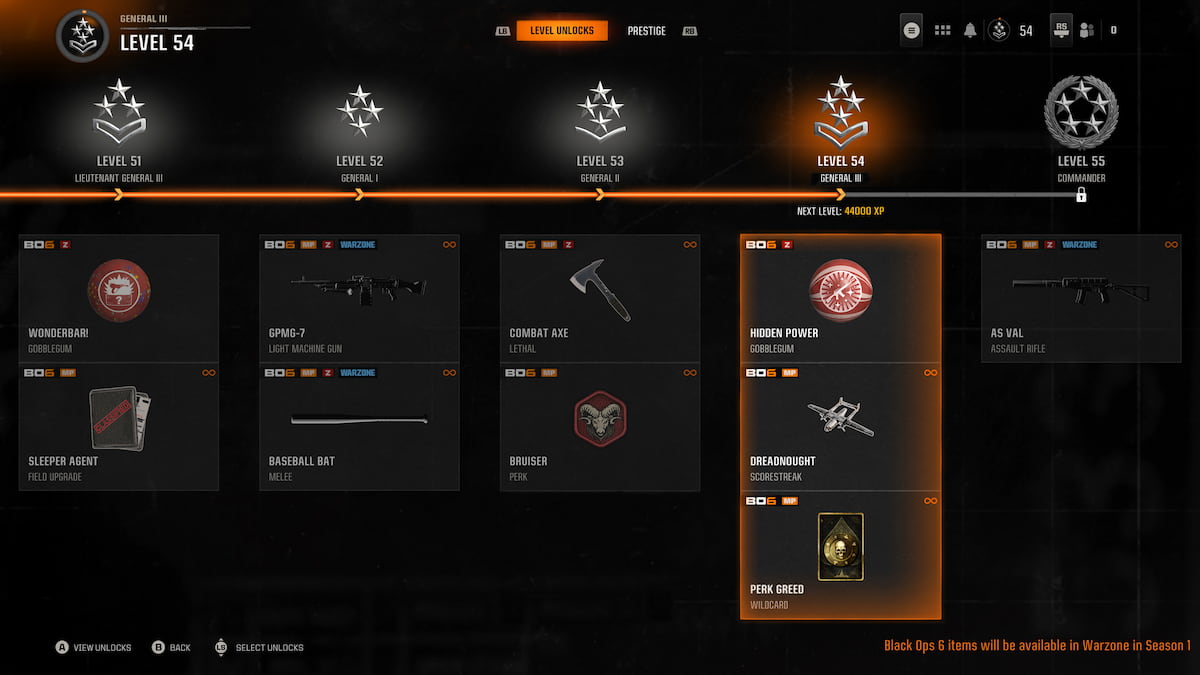 Image of a player level track with rewards to unlock in Call of Duty Black Ops 6.