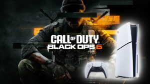 Image of the splash picture for Call of Duty Black Ops 6 with the PlayStation 5 Pro Enhanced console in foreground lower-right corner.