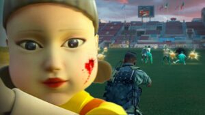 Squid Game red light green light doll looking back at Call of Duty Black Ops 6 players