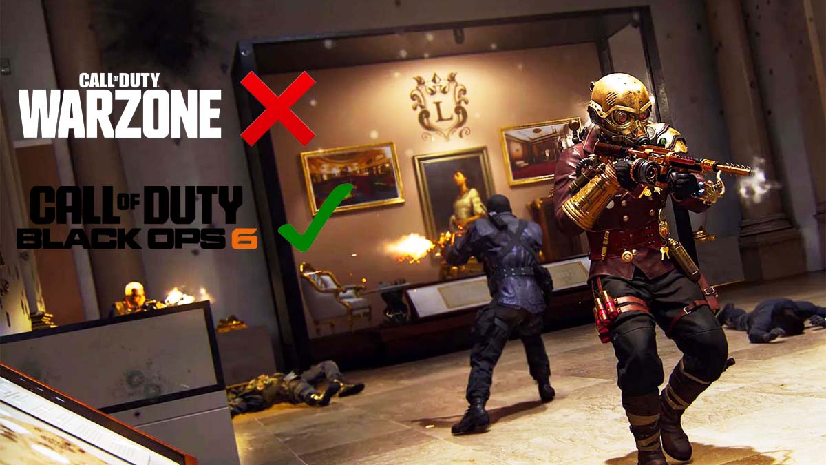 Black Ops 6 players firing guns next to Warzone and Black Ops 6 logos with checkmark and cross next to them