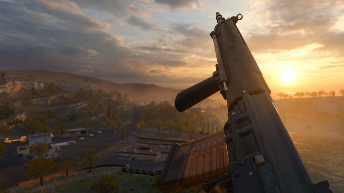Black Ops 6 player holding SWAT 5.56 marksman rifle with sunset in background