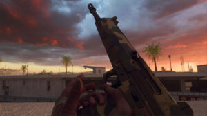 Black Ops 6 player pointing Tanto .22 SMG to the sky