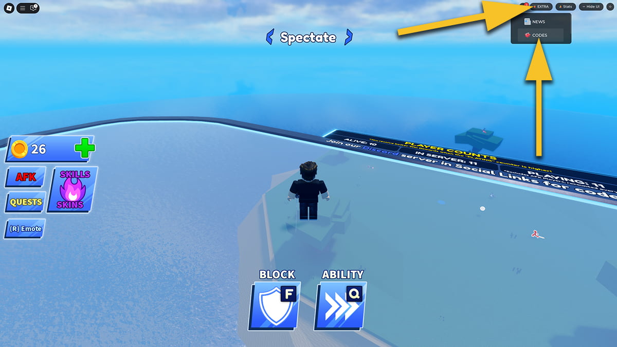 Image of the spawn point in Blade Ball on Roblox, with arrows pointing at the EXTRA and CODES icons.