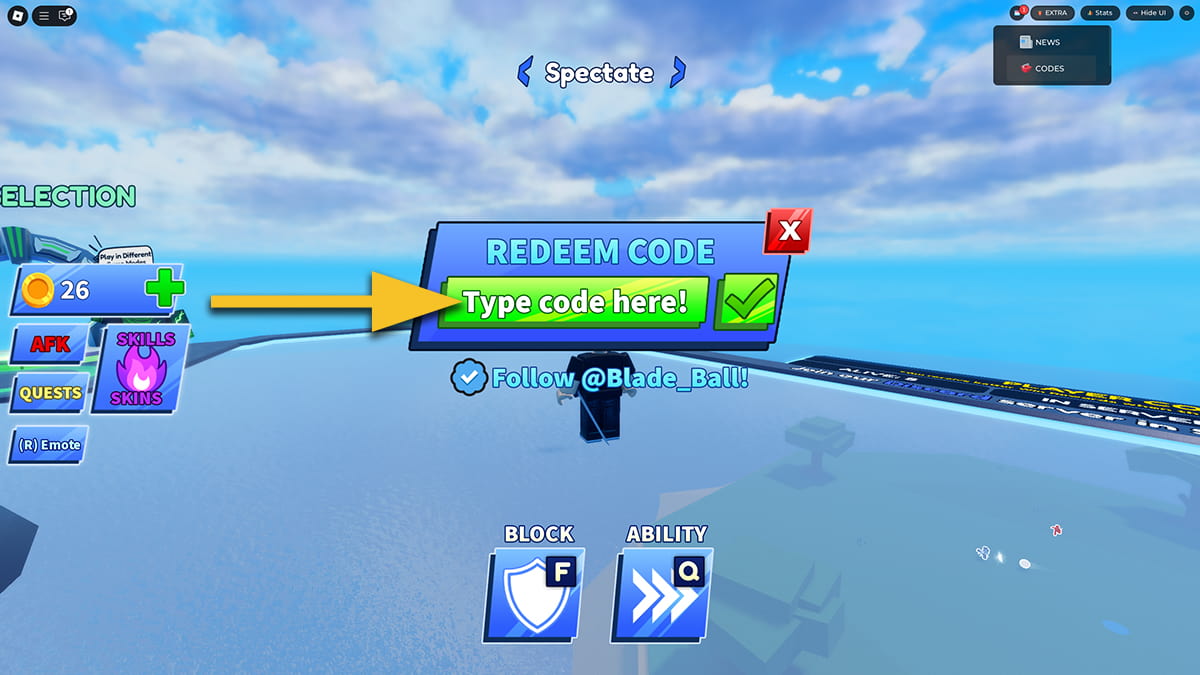 Image of the code redemption screen in Blade Ball on Roblox, with an arrow pointing at the text field.
