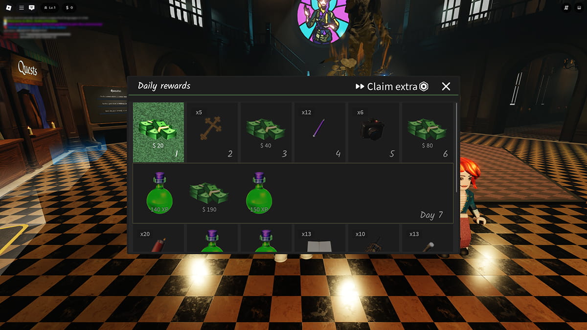 Image of the Daily Rewards screen in Blair on Roblox.
