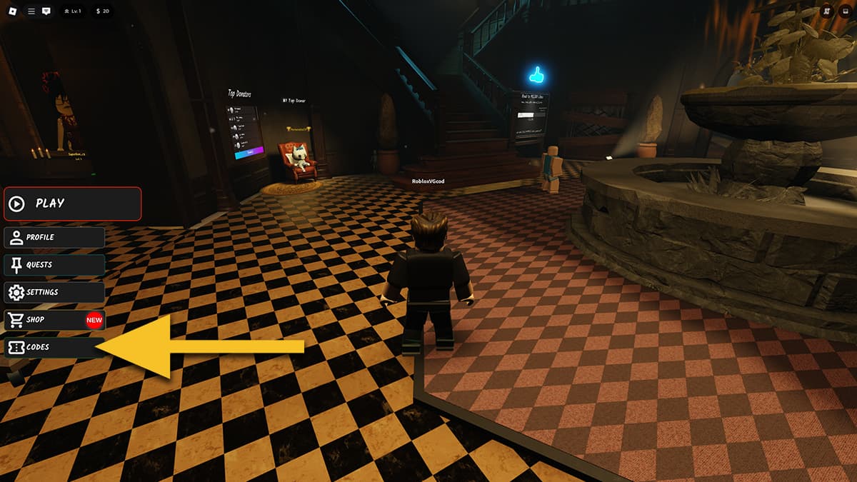Image of the player in the lobby of Blair on Roblox, with an arrow pointing at the Codes button.