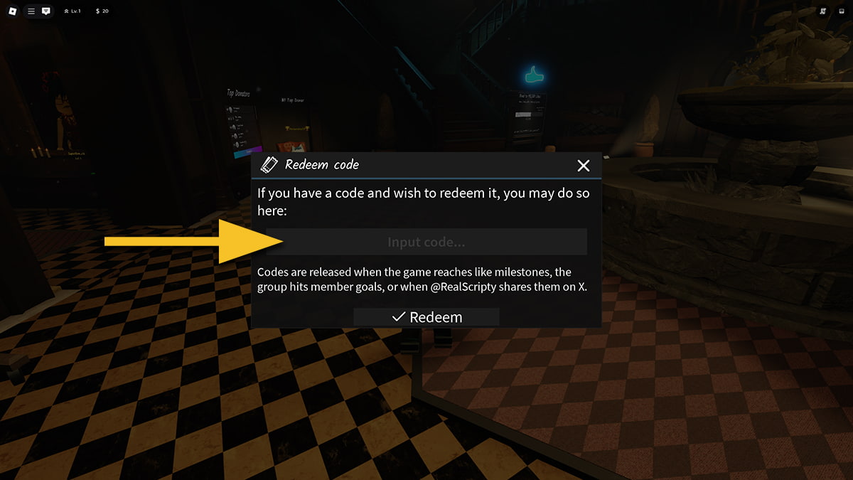 Image of the code redemption window in Blair on Roblox, with an arrow pointing at the input text box.
