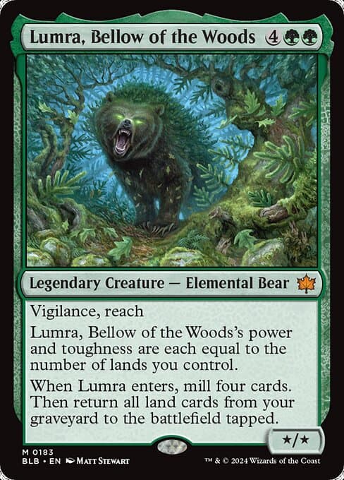 A trading card depicting "Lumra, Bellow of the Bloomburrow," an elemental bear creature from a fantasy card game, revealed in the latest MTG spoilers.