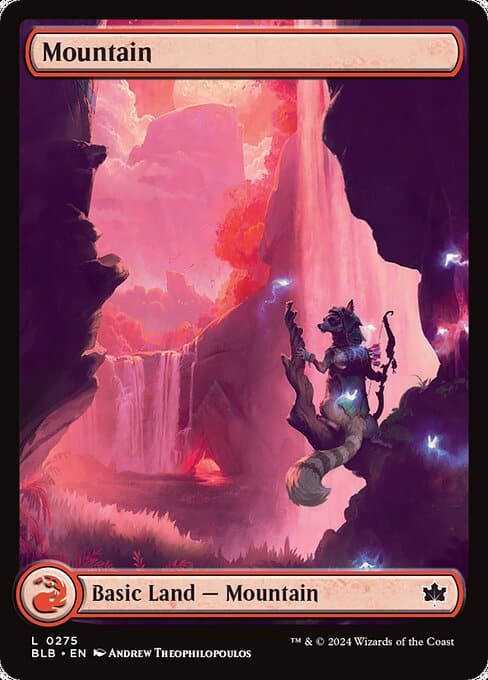 Fantasy artwork of a mountain landscape featuring a waterfall and a Bloomburrow creature standing in the foreground, from an MTG collectible card game.