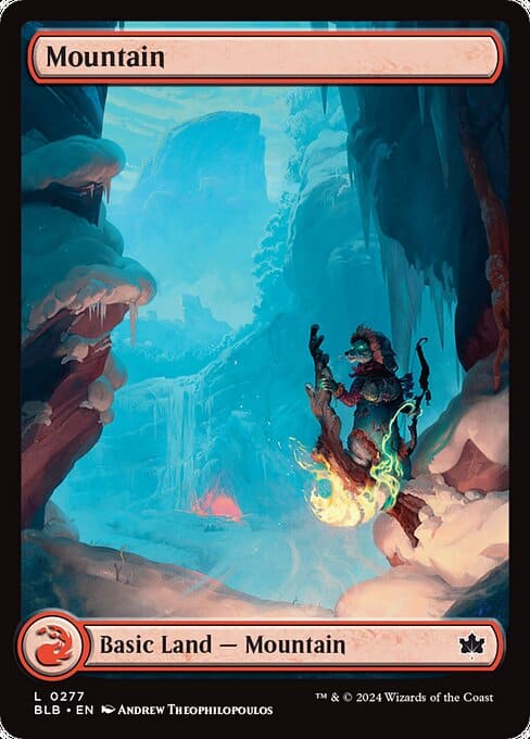 A fantastical illustration of a rugged mountain landscape featuring a magical figure holding a flame, as seen on a playing card labeled "mountain" from the MTG Bloomburrow spoilers.