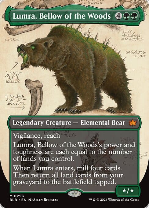 A MTG card featuring an illustration of a fantastical elemental bear creature named "Lumra, Bellow of the Woods.