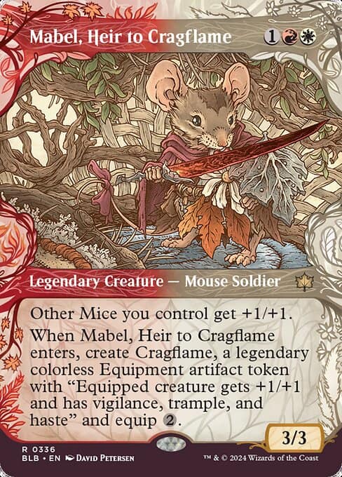 A fantasy trading card featuring Mabel, heir to Bloomburrow, an illustrated mouse soldier character from the "MTG" game.