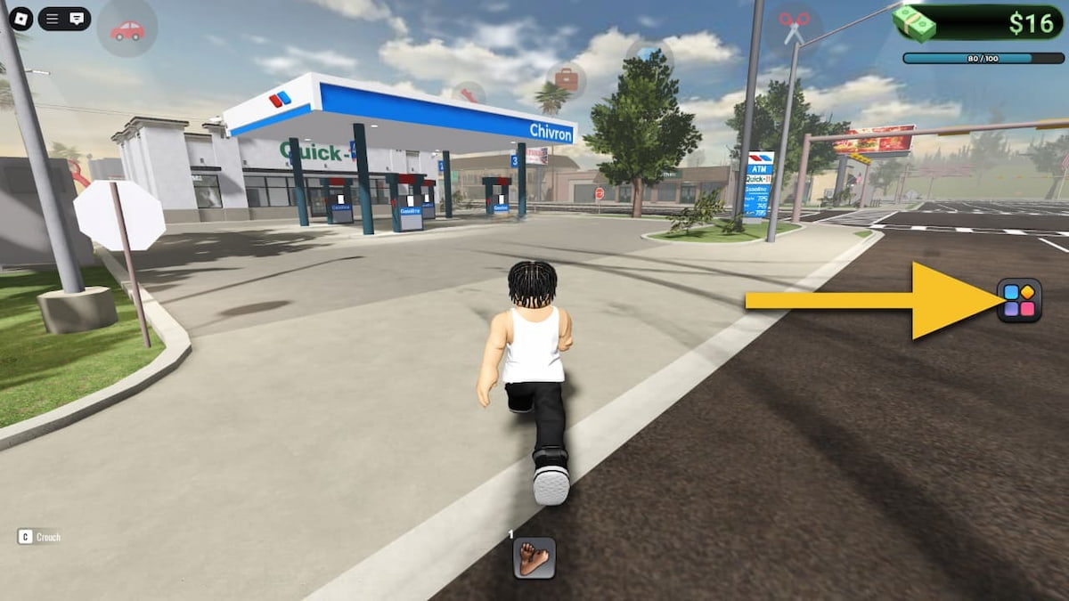 Image of the player standing in front of a gas station in BlockSpin on Roblox, with an arrow pointing at the Menu icon.