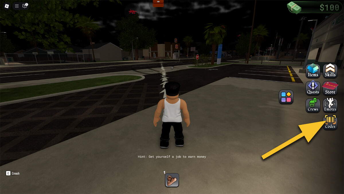 Image of the player standing on the street in BlockSpin, with an arrow pointing at the Codes icon.