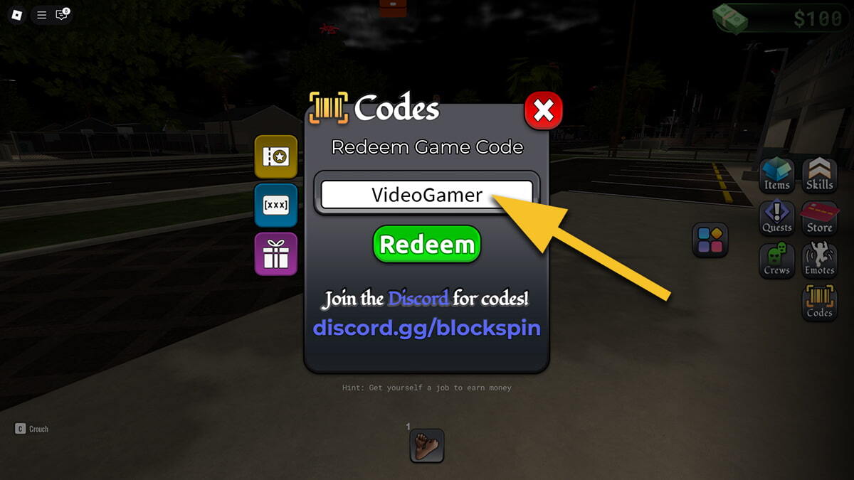 image of the code redemption window in BlockSpin on Roblox, with an arrow pointing at the code input text box.