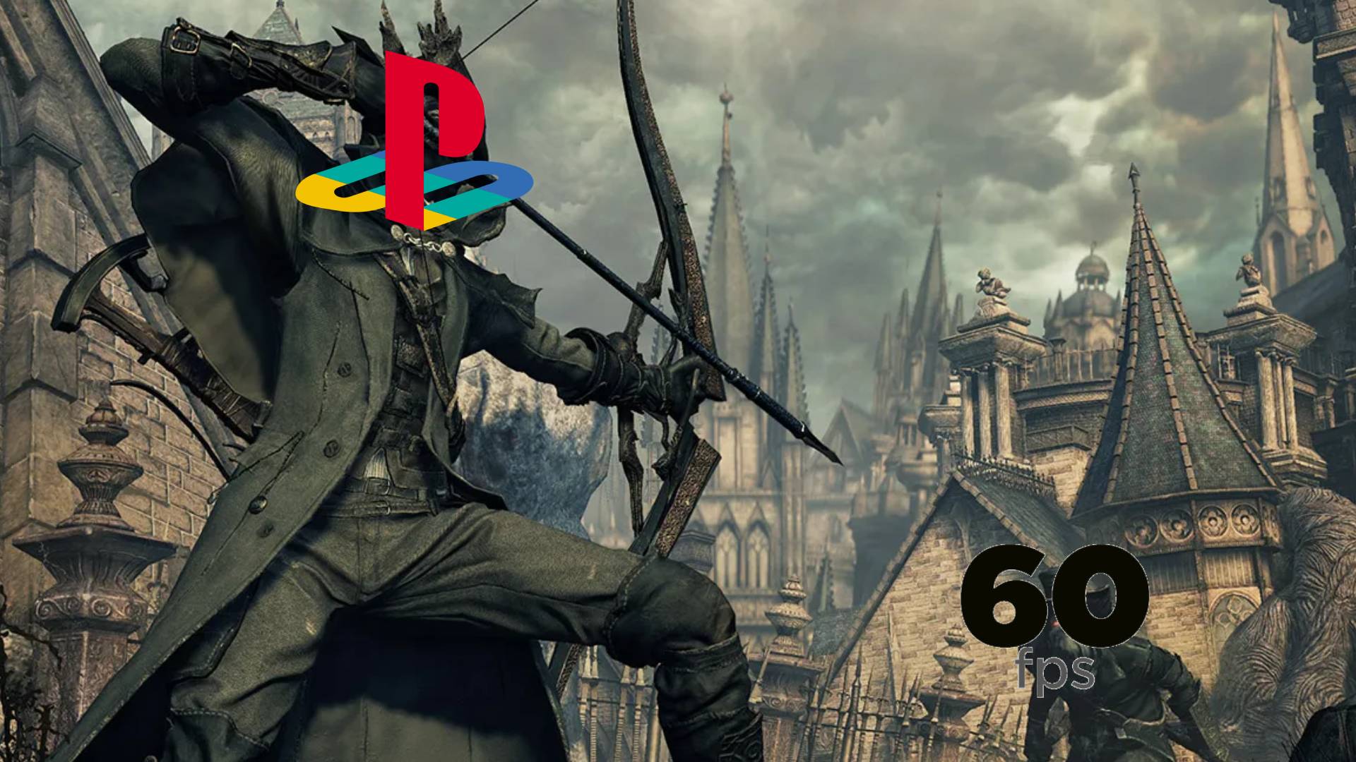 Bloodborne Hunter with a PlayStation logo aiming a bow and arrow at 60fps