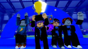 Cover image for the Roblox game Blue Lock Rivals showing a team winning the match.