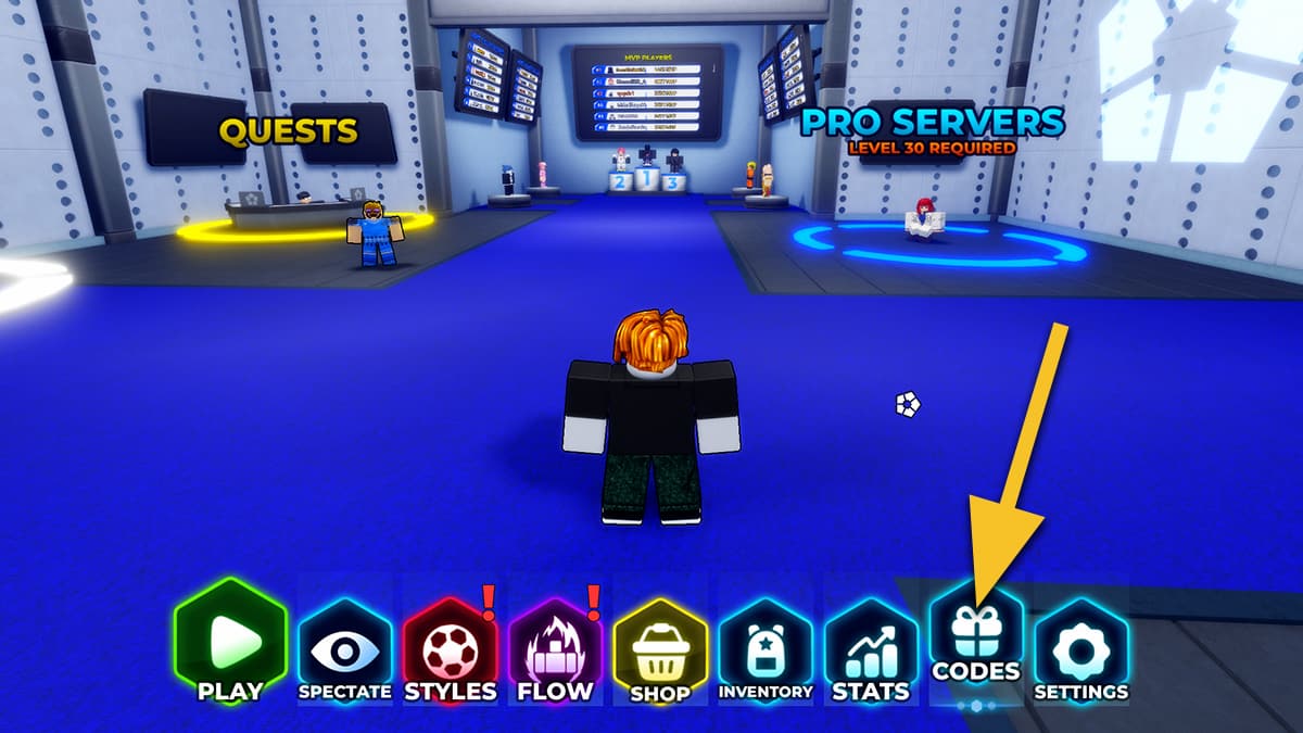 Blue Lock Rivals: lobby an arrow pointing on the Codes icon.