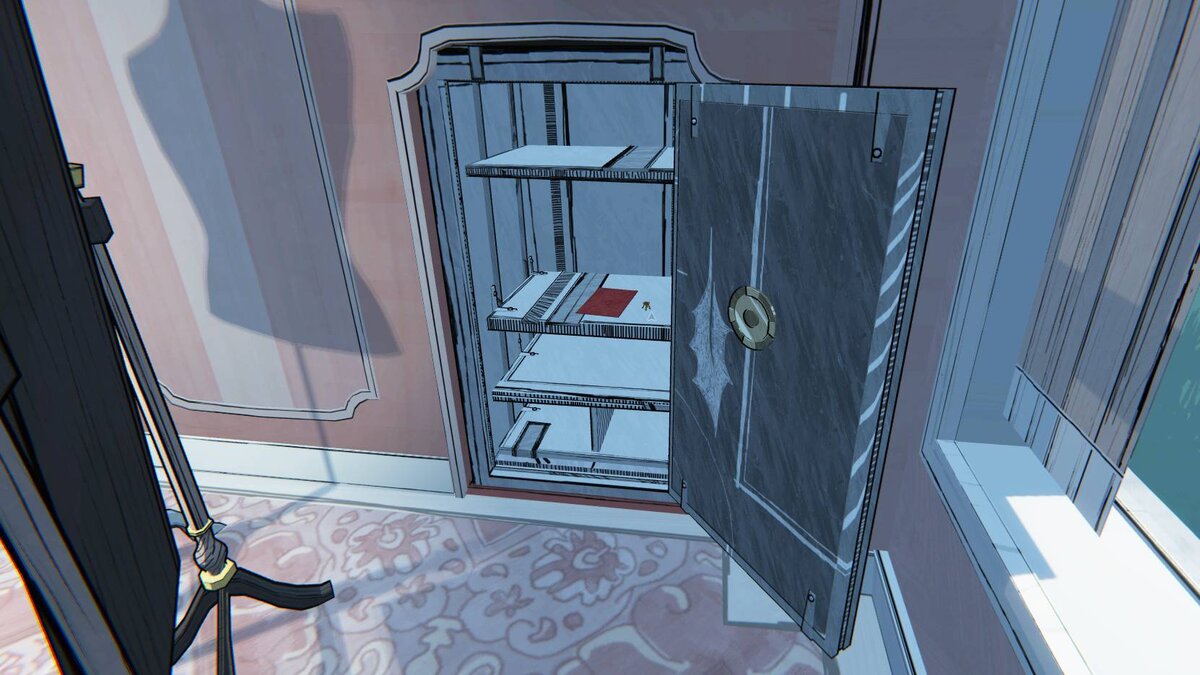 Blue Prince safe codes: an open safe with a red letter.
