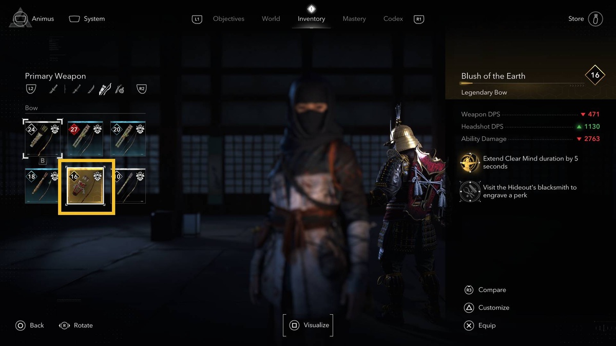 Assassin's Creed Shadows best weapons: inventory menu.