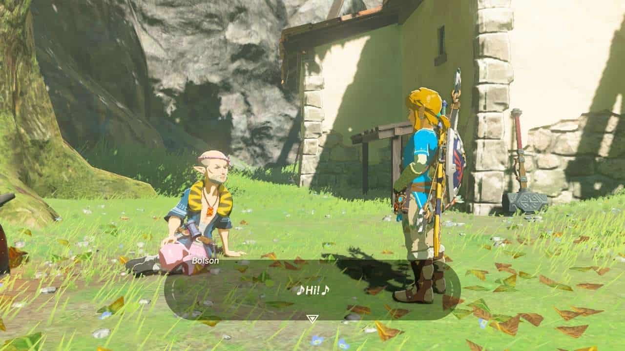 Tears of the Kingdom queer representation: Bolson saying hi to Link, sat on the grass.