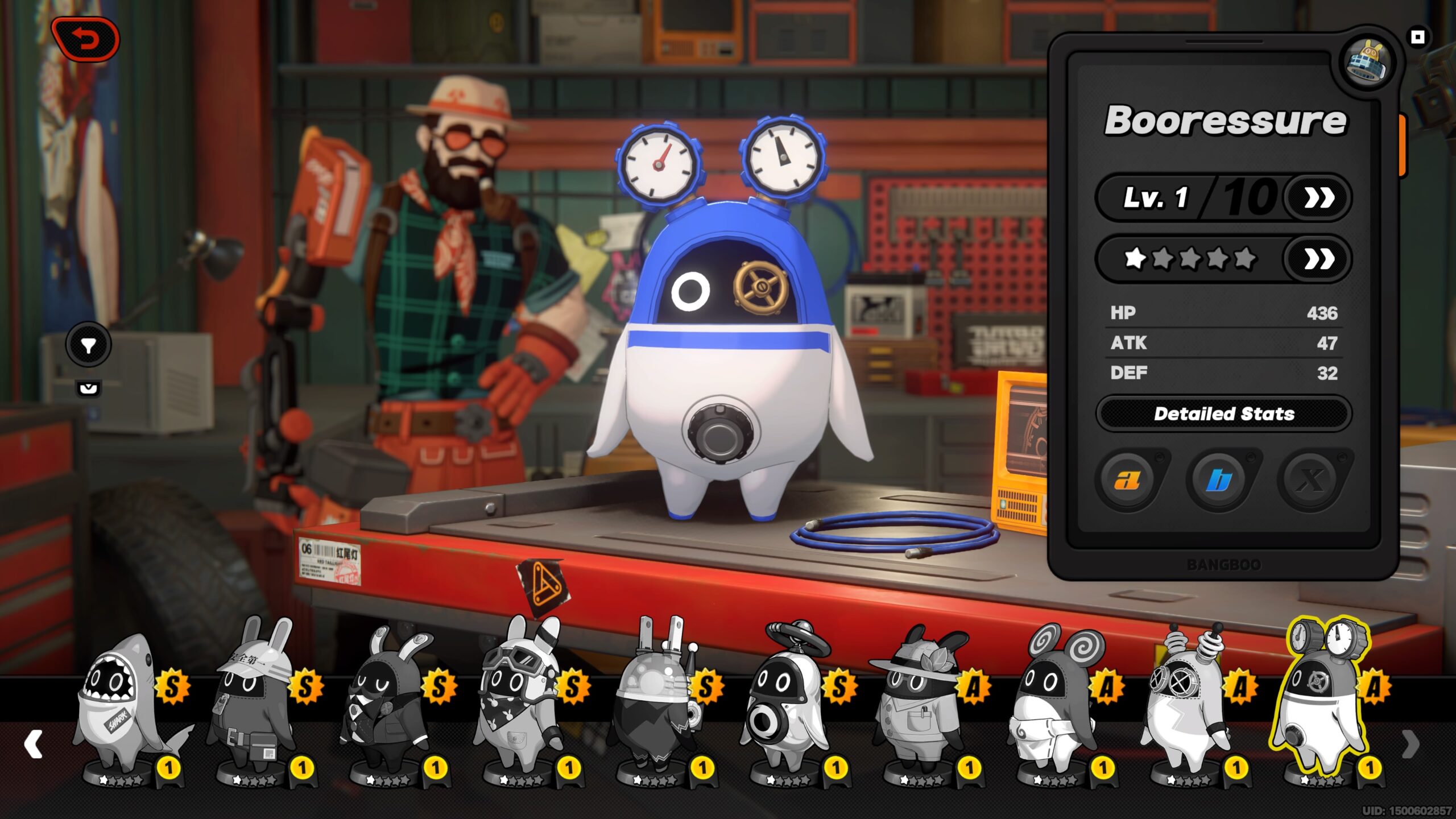 a little creature wears a blue outfit standing on a workbench