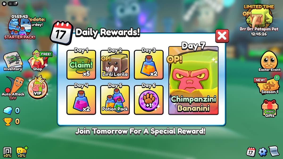 Image of the Daily Rewards window in Brainrot Evolution on Roblox.