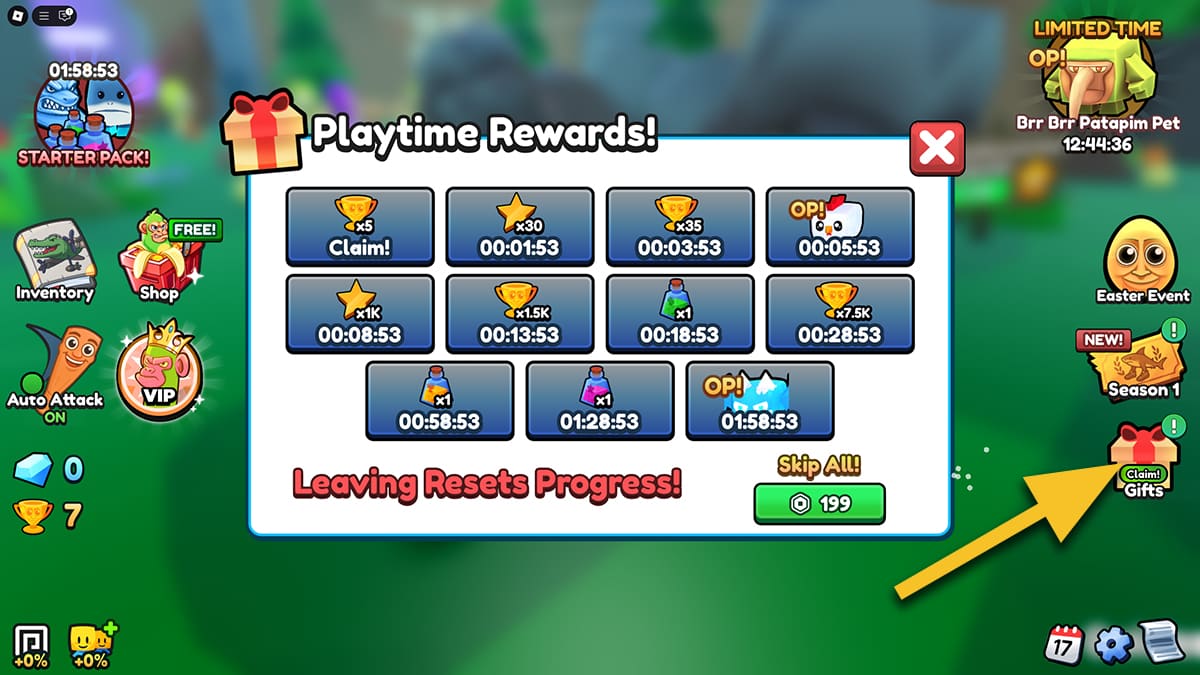 Image of the Playtime Rewards window in Brainrot Evolution on Roblox.
