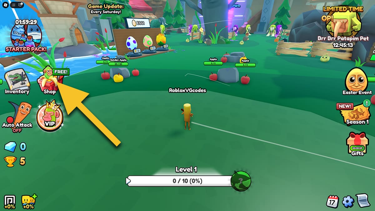 Image of the player in the first world of Brainrot Evolution on Roblox, with an arrow pointing at the Shop icon.
