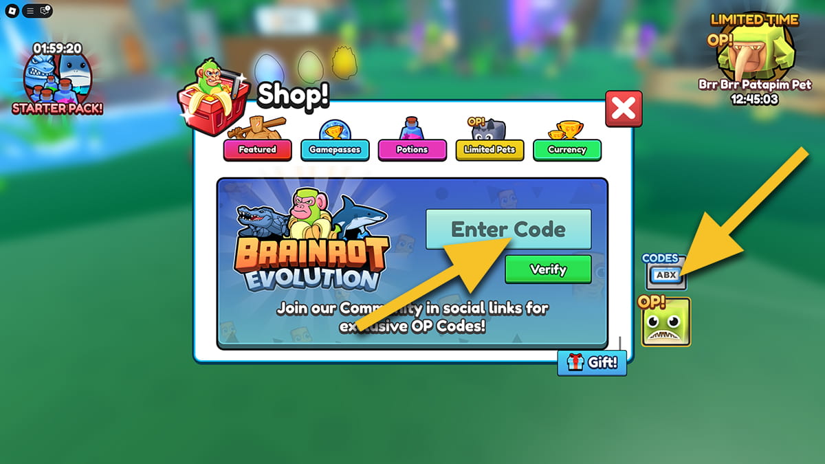 Image of the Shop window in Brainrot Evolution on Roblox, with arrows pointing at the Codes icon and the text input box.