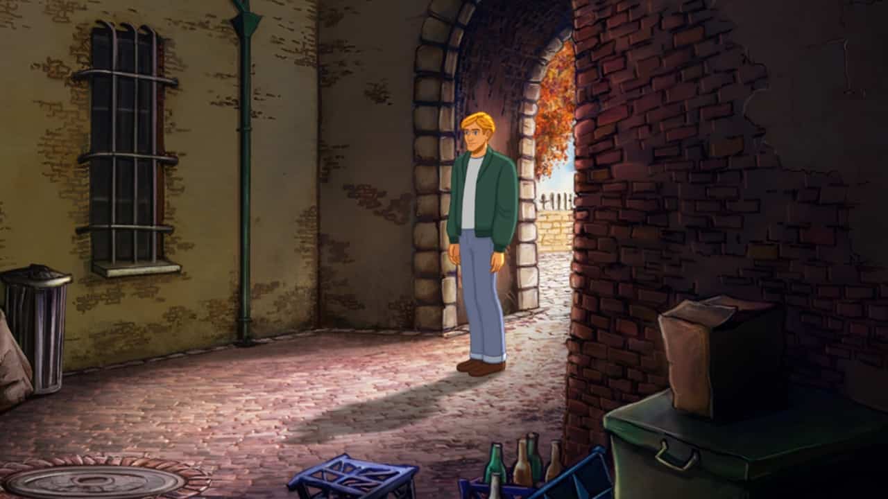 An image of a man standing in an alleyway, teasing the upcoming 2024 remaster and brand-new game for Broken Sword: Shadow of the Templars.
