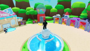 Image of the player standing on top of the fountain in the spawn area of Bubble Gum Simulator Infinity on Roblox.