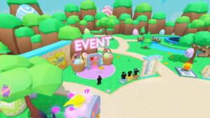 Image of the player standing in the spawn zone of Bubble Gum Simulator Infinity on Roblox in front of the Egg Hunt Event gate.