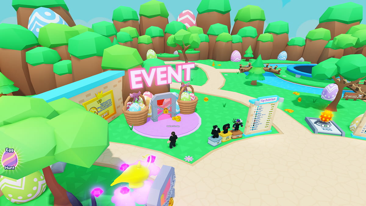 Image of the player standing in the spawn zone of Bubble Gum Simulator Infinity on Roblox in front of the Egg Hunt Event gate.
