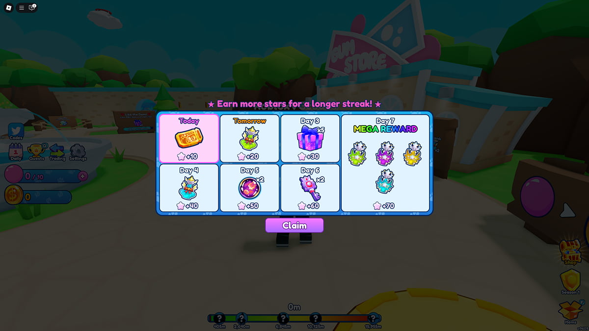 Image of the daily login reward screen in Bubble Gum Simulator Infinity on Roblox.