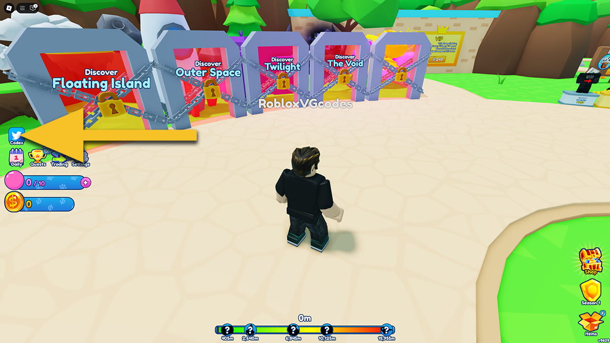 Image of the player in the spawn zone of Bubble Gum Simulator Infinity on Roblox, with an arrow pointing at the Codes icon.