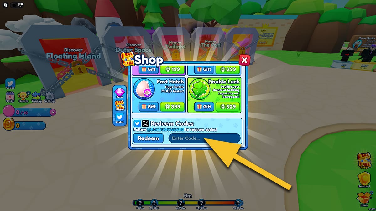 Image of the Codes window in Bubble Gum Simulator Infinity on Roblox, with an arrow pointing at the text field.