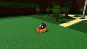 Image of the player sitting at the helm of a small boat in Build a Boat for Treasure on Roblox.