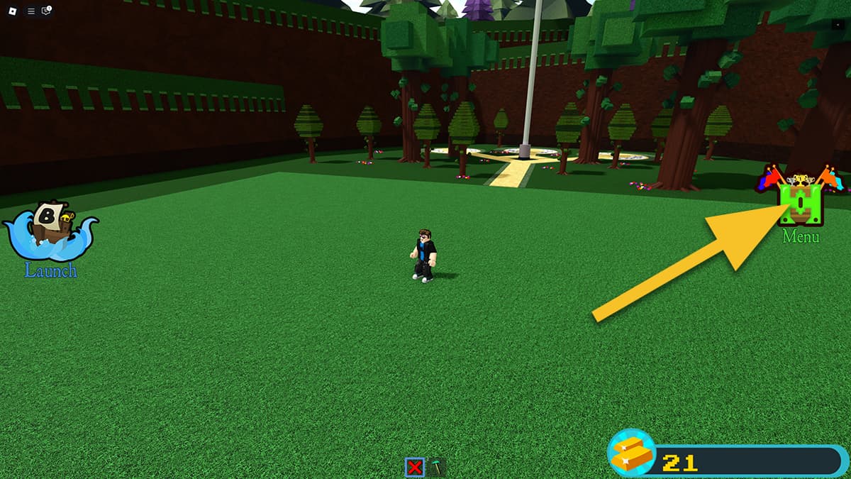Image of the player at the building area in Build a Boat for Treasure on Roblox, with an arrow pointing at the Menu icon on the right.