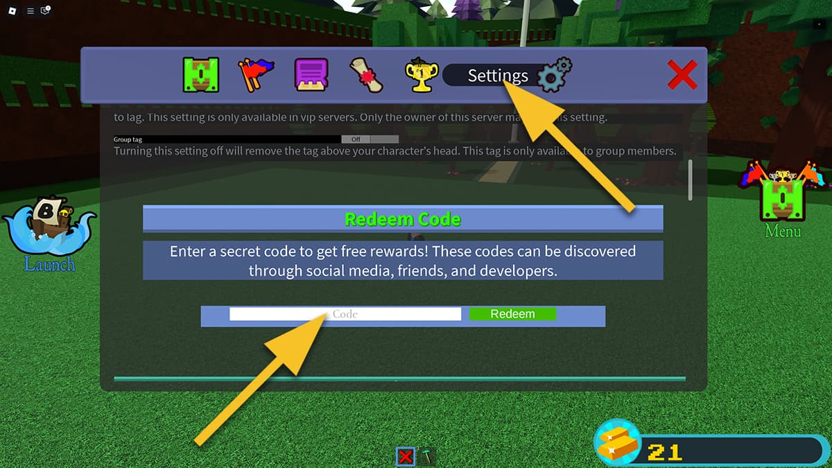 Image of the Menu window in Build a Boat for Treasure on Roblox, with the Settings tab selected and the Redeem Code section, with arrows pointing at them.