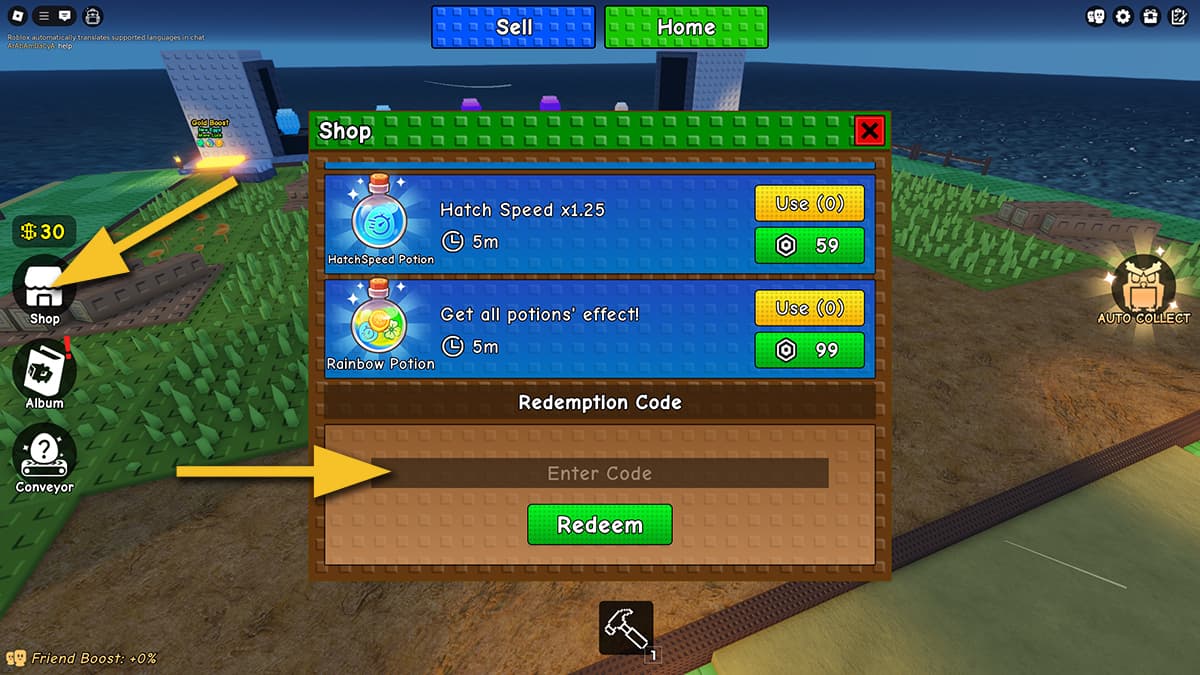 Image of the Shop window in Build a Zoo on Roblox, with arrows pointing at the Shop button and the code input text box.