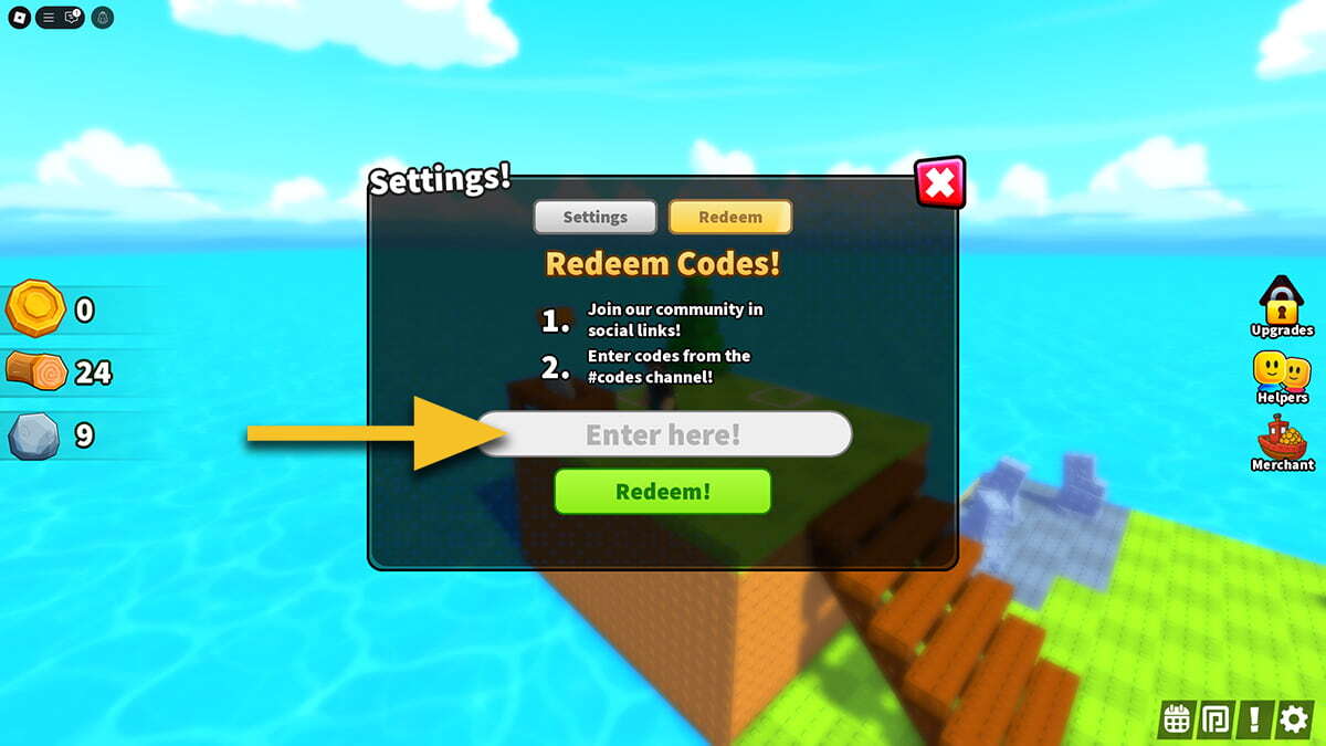 The Settings menu in Build an Island. A yellow arrow points at the text box where the player should enter codes.