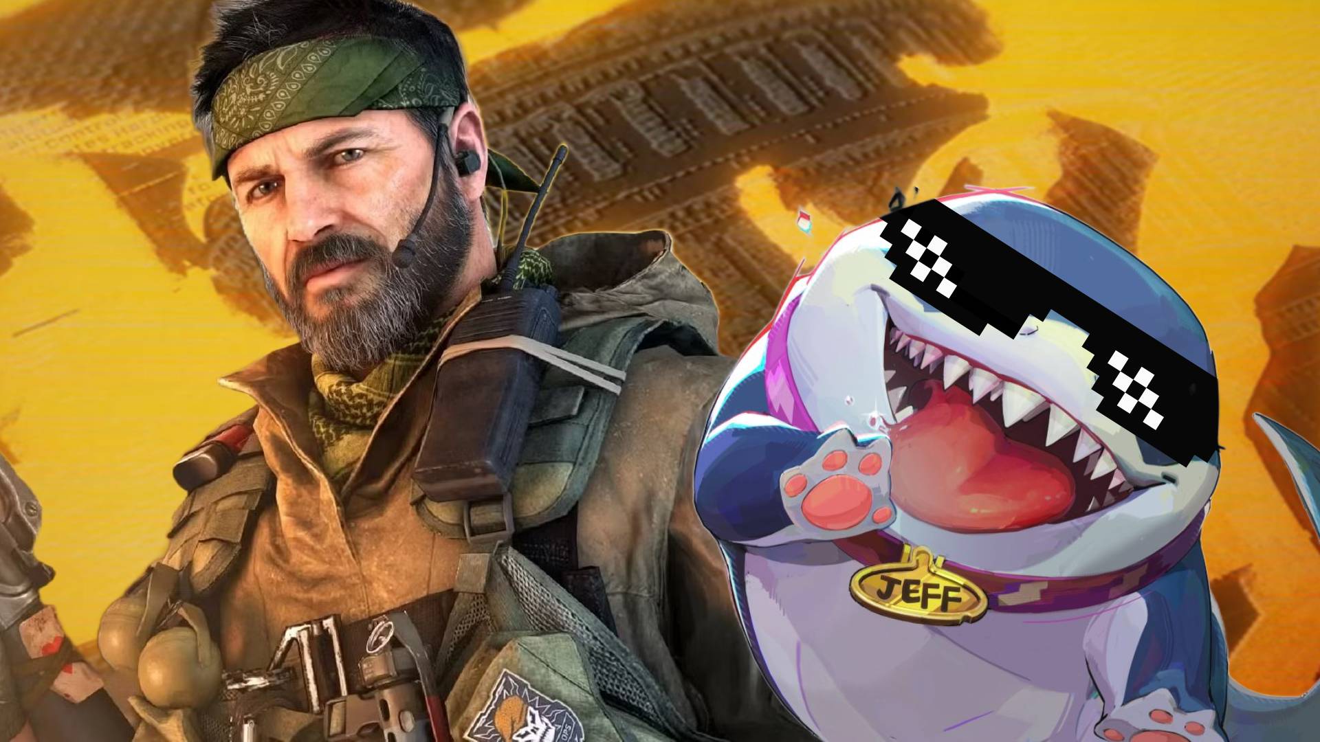 Call of Duty Black Ops 6 Woods standing next to Marvel Rivals Jeff the Shark