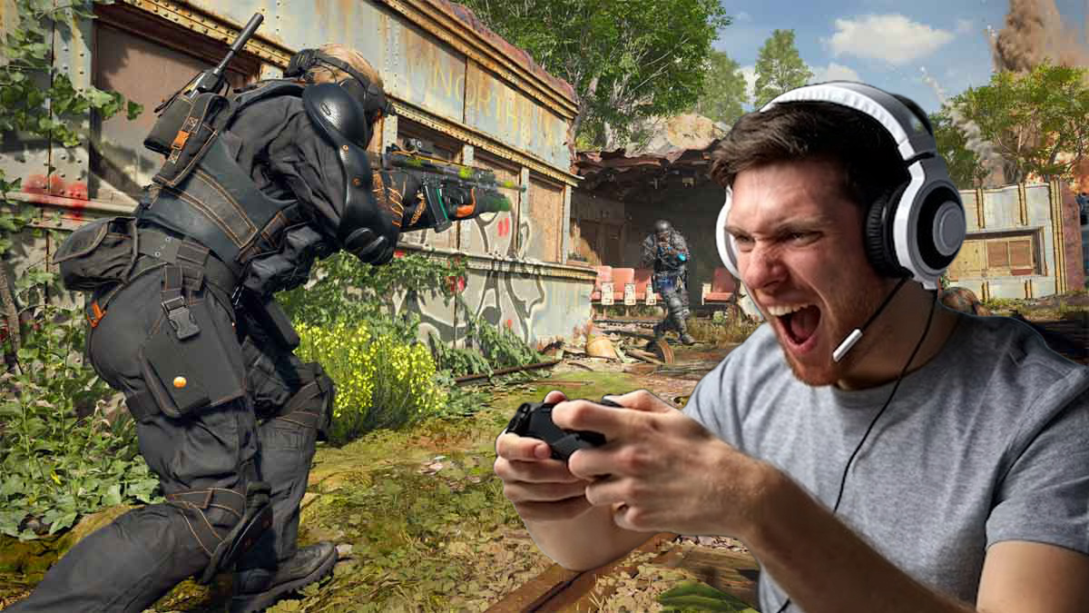 Image of Black Ops 6 players fighting with angry gamer holding controller and wearing headset on right-hand side