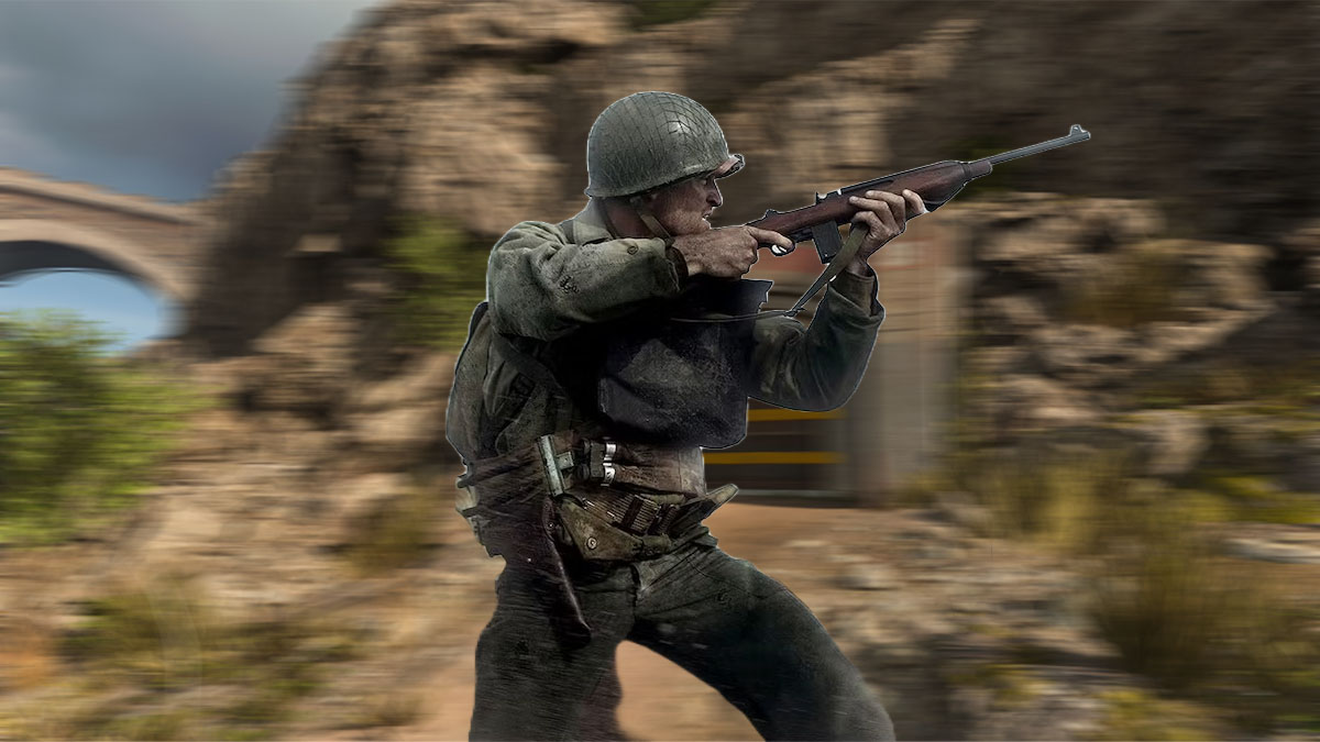 Image of Call of Duty: WW2 player aiming with rifle on a blurred background of a Warzone bunker from the Verdansk map