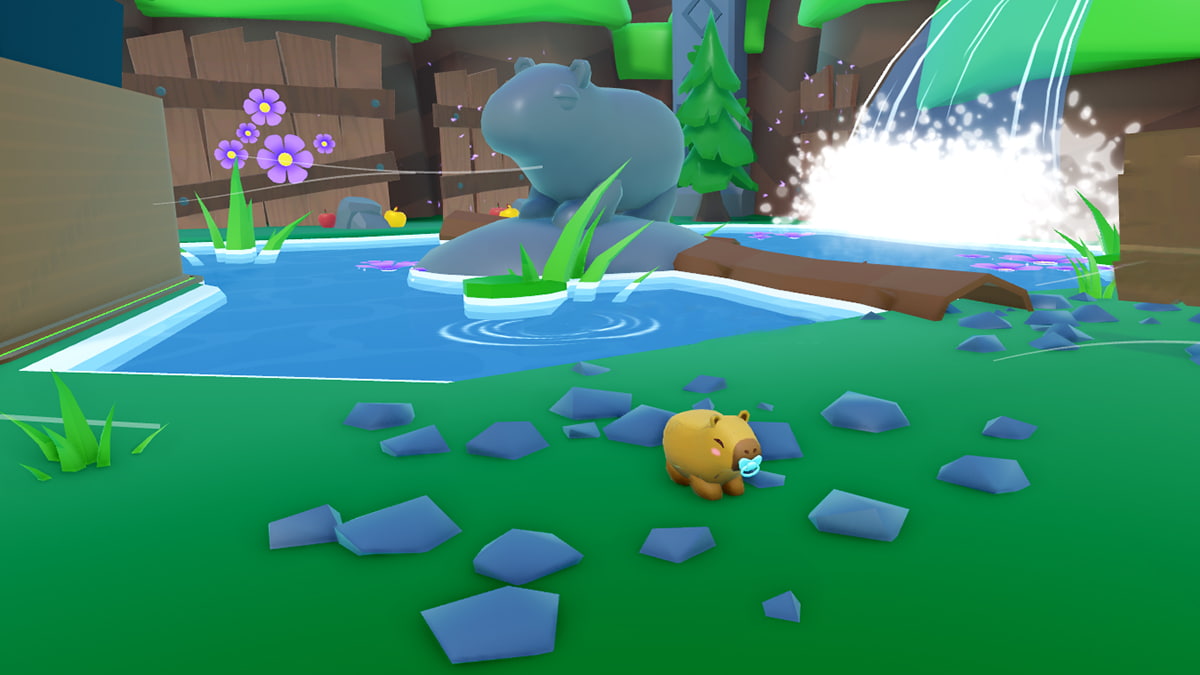 Screenshot of a baby capybara standing by a pond in the Roblox game Capybara Evolution.